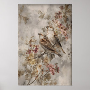 Antike Blumen Spatzen Druck, Vintage Spatz Poster