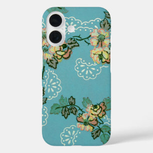 Antike Blumen Tapete Türkis Florales Muster iPhone 16 Hülle
