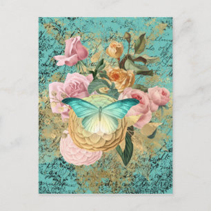 Antike Blumen- und Schmetterlingsbouquet Postkarte