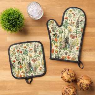 Antike Blumen Vintage Botanical Floral Ofenhandschuh & Topflappen-Set