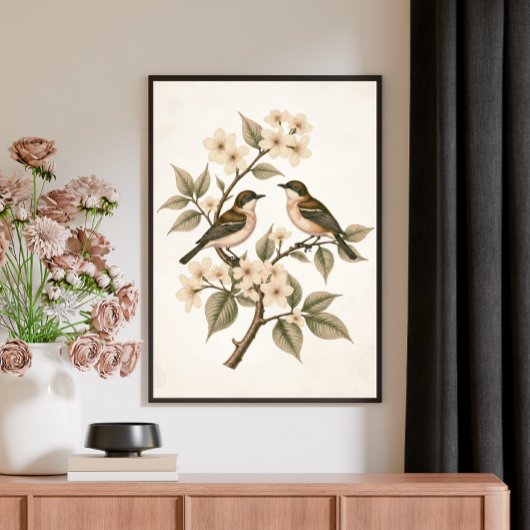 Antike Blumen Vögel Botanische Kunst Poster