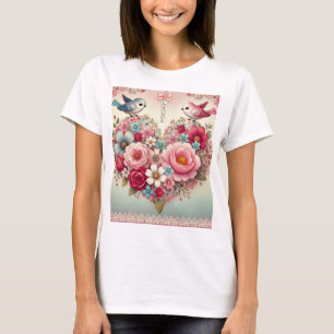 Antike Blumen/Vögel/Herzen Valentinstag T-Shirt
