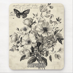 Antike Blumengestaltung - monochrome Schmetterling Mousepad