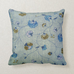 Antike Blumenleinwand mit blauen und goldenen Blum Kissen