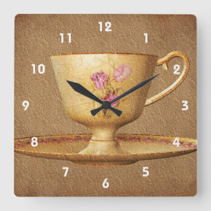 Antike Blumenvintage-Teetasse und Untertasse Quadratische Wanduhr