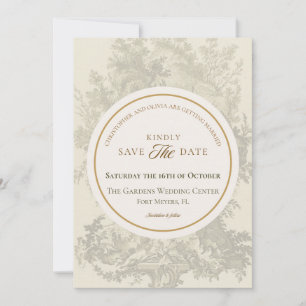 Antike Bohemian-Toile Sagegrün & Creme Hochzeit Save The Date