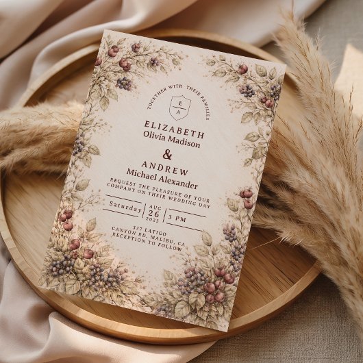 Antike Botanische Beeren-Hochzeit Einladung