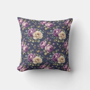 Antike Botanische Blumen - Rosa und Violette Rosen Kissen