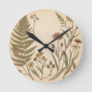 Antike Botanische Farne Wildblumen Vintage Runde Wanduhr