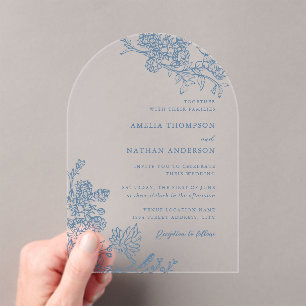 Antike Botanische Florale Staubblaue Hochzeit Acryleinladungen