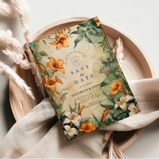 Antike Botanische Hochzeit mit Blumen Save The Date