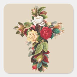 Antike botanische Kreuz-Rosen religiöse Kunst Quadratischer Aufkleber