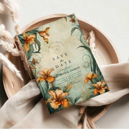 Antike Botanische Lilien-Hochzeit Save The Date