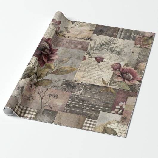Antike Botanische Patchwork-Rustikal (1) Geschenkpapier (Ungerollt)