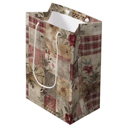 Antike botanische Patchwork-Rustikalität Mittlere Geschenktüte (Vorderseite Schrägansicht)