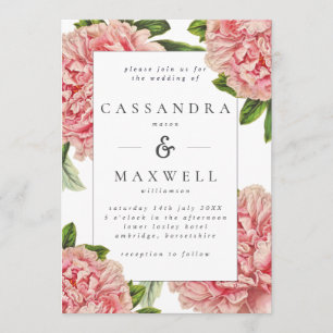 Antike botanische rosa Pfingstrosen Aquarell-Hochz Einladung