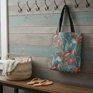 Antike botanische Rosen und Palmenblätter Blau Tasche