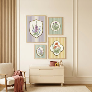 Antike botanische rote Mohnblumen und gelbe Farne Poster