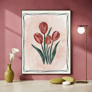 Antike botanische rote Tulpen und Aquarell-Rosé Poster