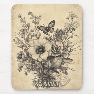 Antike botanische Schmetterling-Sepia-Herbarium Mousepad