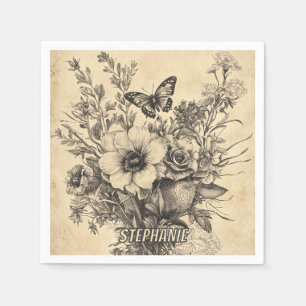 Antike botanische Schmetterling-Sepia-Herbarium Serviette
