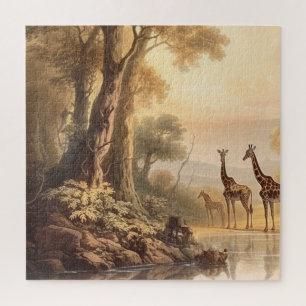 Antike botanische Szene mit Giraffen am Fluss Puzzle