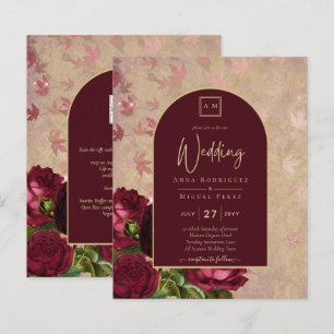 Antike botanische tiefrote Rosen Hochzeit Gold Tex