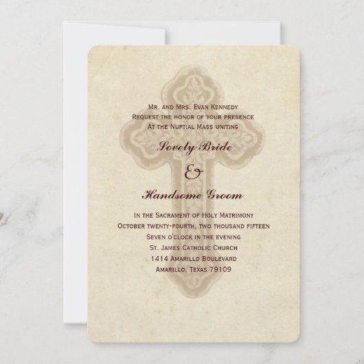 Antike braune, katholische Hochzeit Einladung (Vorderseite)