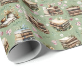 Antike Bücher & Blumen auf Salbeigrün Geschenkpapier (Rolleneckpunkt)