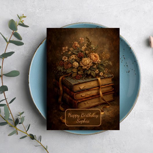 Antike Bücher und Herbstblumen Karte