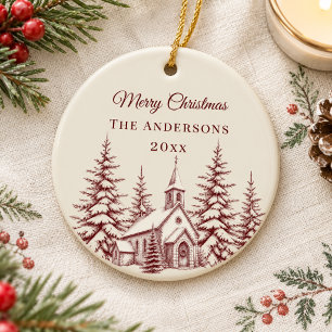 Antike Burgunder-Creme-Weihnachts-Toile-Kirche Keramik Ornament