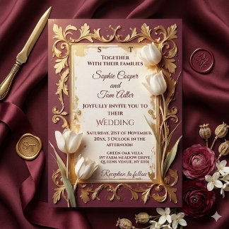 Antike Burgunder-Gold-Barock-Blumen-Hochzeit in El Einladung