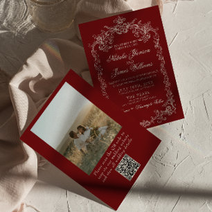 Antike Burgunder-Old-Money-Foto-QR-Code-Hochzeit Einladung
