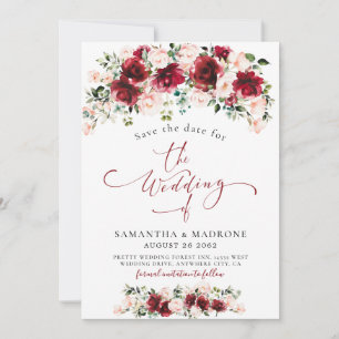 Antike Burgunder-Rosa-Florale-Aquarell-Hochzeit Save The Date