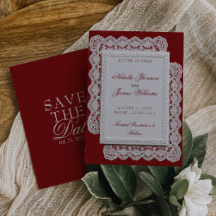 Antike Burgunder-Spitzen-Doily Hochzeit im alten G Save The Date