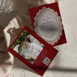 Antike Burgunder-Spitzen-Doily QR-Code-Foto-Hochze Einladung