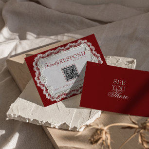 Antike Burgunder-Spitzen-Doily Retro-QR-Code-Hochz RSVP Karte