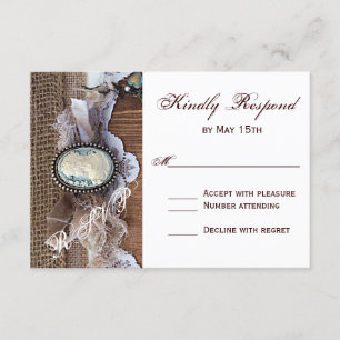 Antike Cameo-Schlüssel-Burlap-Holz-Hochzeits-RSVP- RSVP Karte