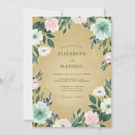 Antike Champagner-Mint-Blatt-Hochzeit Einladung (Vorderseite)