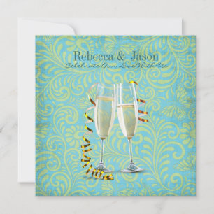 antike Champagnerflöten teal gold Damast Hochzeit Einladung