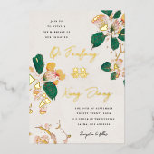 Antike chinesische Blüten Doppelglückssehen Folieneinladung (Vorderseite)