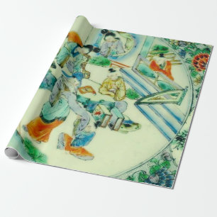 Antike chinesische grüne Chinoiserie Blumen Dekoup Geschenkpapier