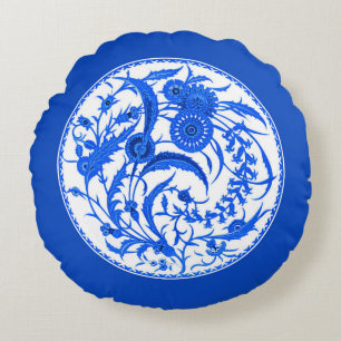 Antike chinesische Jakobsblume - Kobalt Blau Rundes Kissen