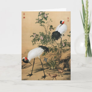Antike Chinoiserie Rotkronenkraniche und Rosen Feiertagskarte