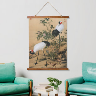 Antike Chinoiserie Rotkronenkraniche und Rosen Wandteppich Mit Holzrahmen