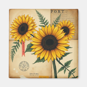 Antike Collage aus Sonnenblumen und Farnen Magnet