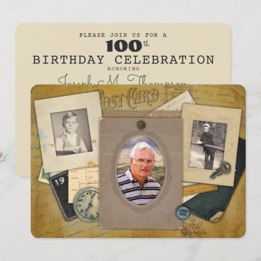 Antike Collage | Maskuline 3 Foto Jahr Einladung (Vorne/Hinten)