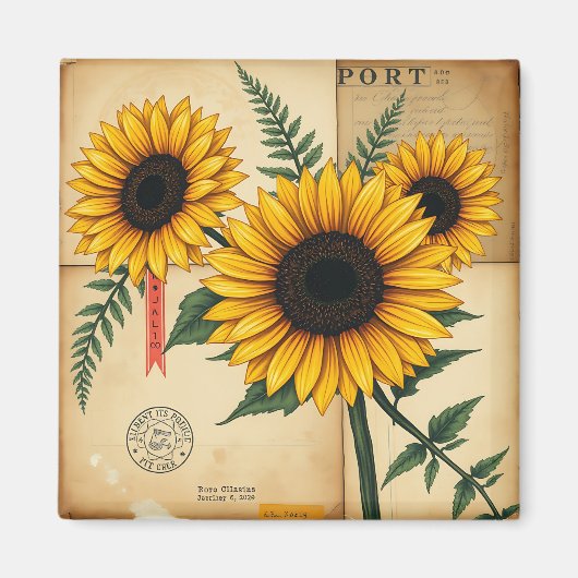 Antike Collage von Sonnenblumen und Fernen Magnet (Vorne)
