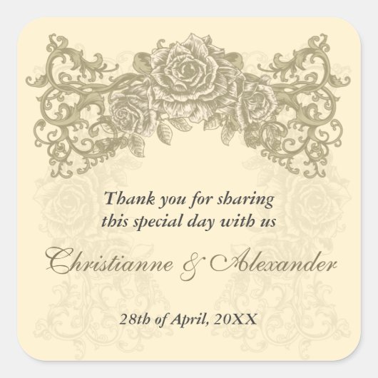 Antike Creme-Rose Hochzeitsticker Quadratischer Aufkleber (Vorderseite)