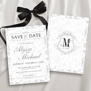 Antike Crest-Monogramm Schwarz-Weiß-Blumen-Hochzei Save The Date